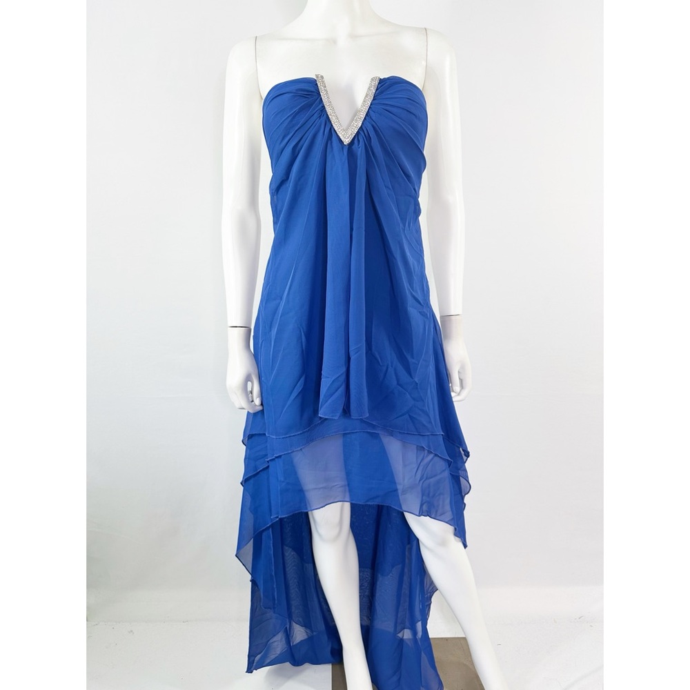 Romwe Royal Blue Chiffon Strapless Hi Low Gown Maxi Dress Size S Formal Glam